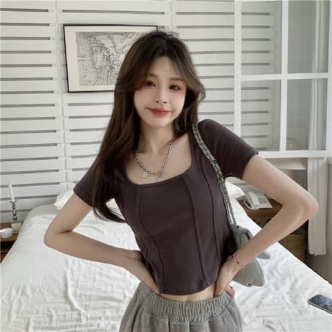 2025 Spring Summer New Retro Stereo Fishbone Ribbed Crop Top Square Neck T-Shirt Belly-Baring Short Sleeve Blouse