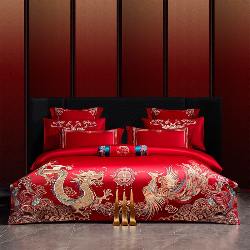 Red Chinese Wedding Embroidered Four-Piece Set, Pure Cotton Sheet and Duvet Cover, Wedding Bedding, All-Cotton Nantong Home Textiles