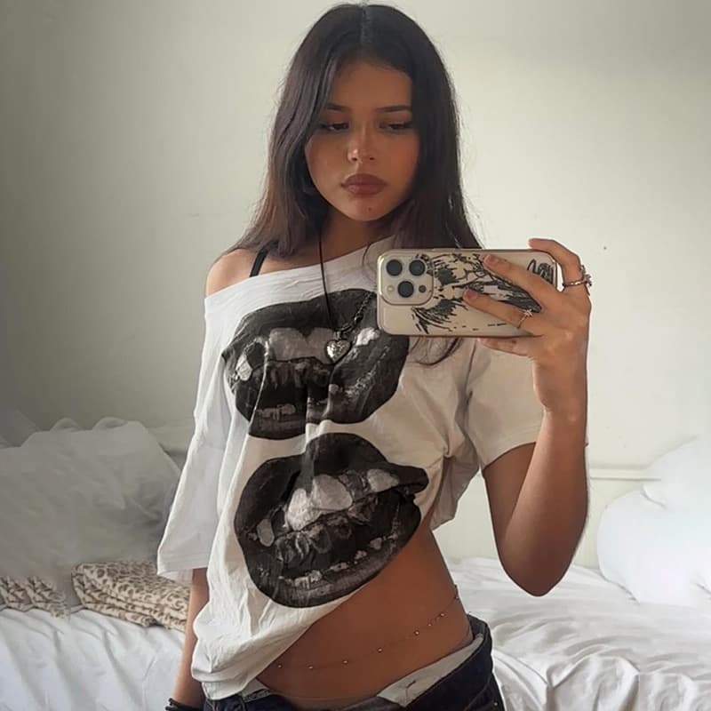 Cross-border EU Size Cotton Street Mouth Top American Casual Printed Hip-Hop Short Sleeve Women's Hot Style