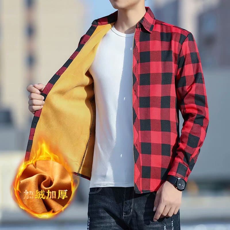 Winter Red Black Plaid Shirt Men's Fleece-Lined Warm Jacket Korean Slim Fit Youth Casual Versatile Shirt