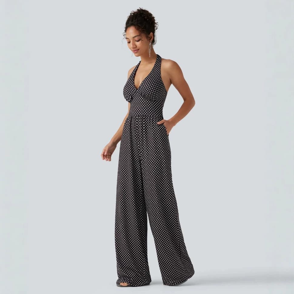 2026 Amazon EU/US Summer New Women's Fashion Waist-Hugging Sexy Polka Dot Backless V-Neck Jumpsuit