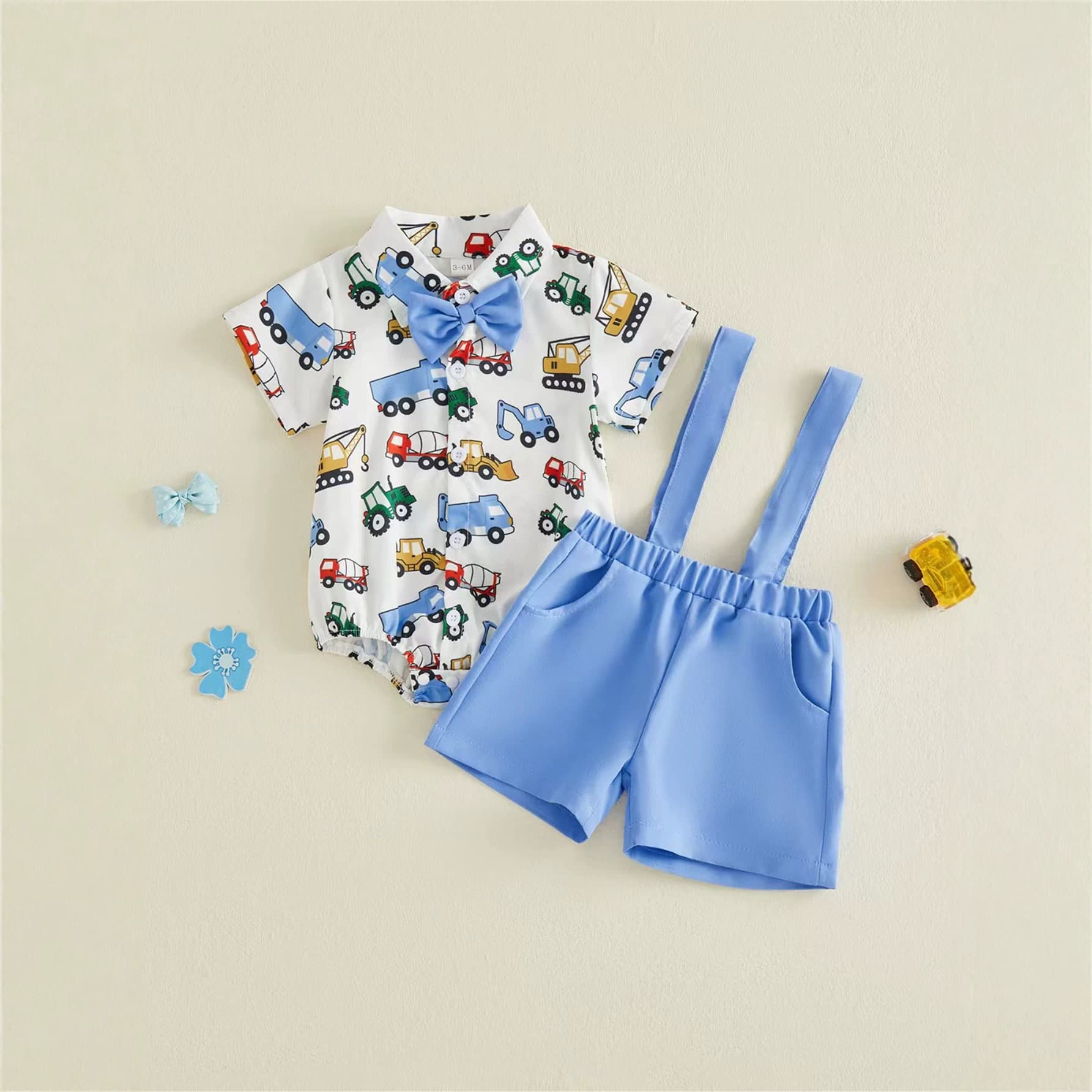Foreign trade children's summer clothing cartoon personality car print lapel short-sleeved khaki blue overalls shorts suit