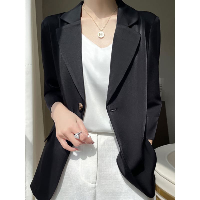 Plus Size Women's Acetate Satin High-End Blazer Summer Thin Cardigan Jacket for Curvy Women [6627]