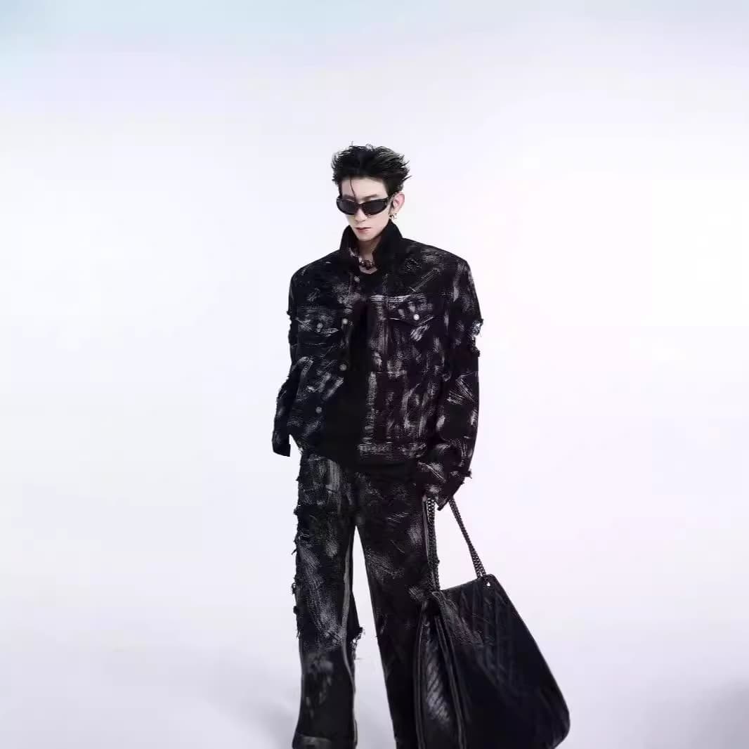 Wasteland Wind Denim Coat suit Men's European and American Street Graffiti Washed Ripped Jeans Spring and Autumn Jacket for Men