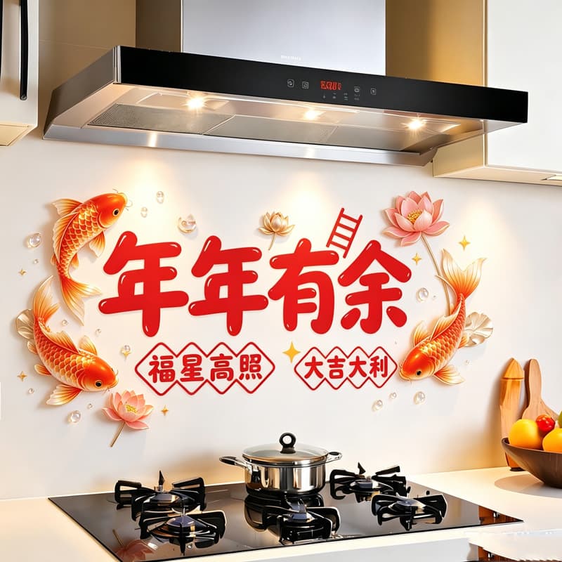 Static Cling Kitchen Stove Backsplash Anti-Grease Tile Decal, Yearly Abundance Cartoon Thick Waterproof Wall Sticker