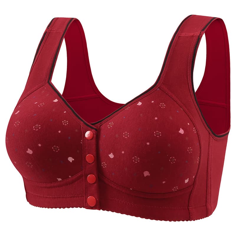 Large Size Cotton Bras for Middle-Aged and Elderly Women, Comfortable Wire-Free Printed Vest Style, Adjustable Straps, Front Closure