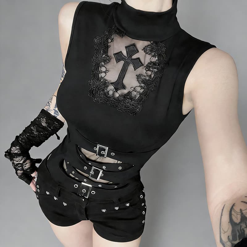 XS26023 Dark Basic Versatile Sleeveless Top 2026 New Gothic Hollow Cross Top for Women