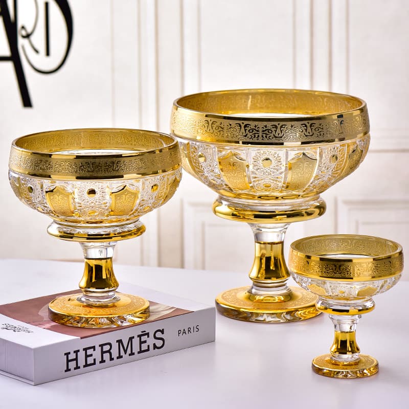 Tall Middle Eastern Three-Piece Set European-Style Crystal Glass Gold-Plated Sunflower Six-Wave Fruit Plate Light Luxury Creative