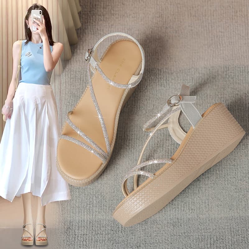 ZHR is the new style of French rhinestone sandals 2024 summer high-end one-word temperament fairy princess high heels