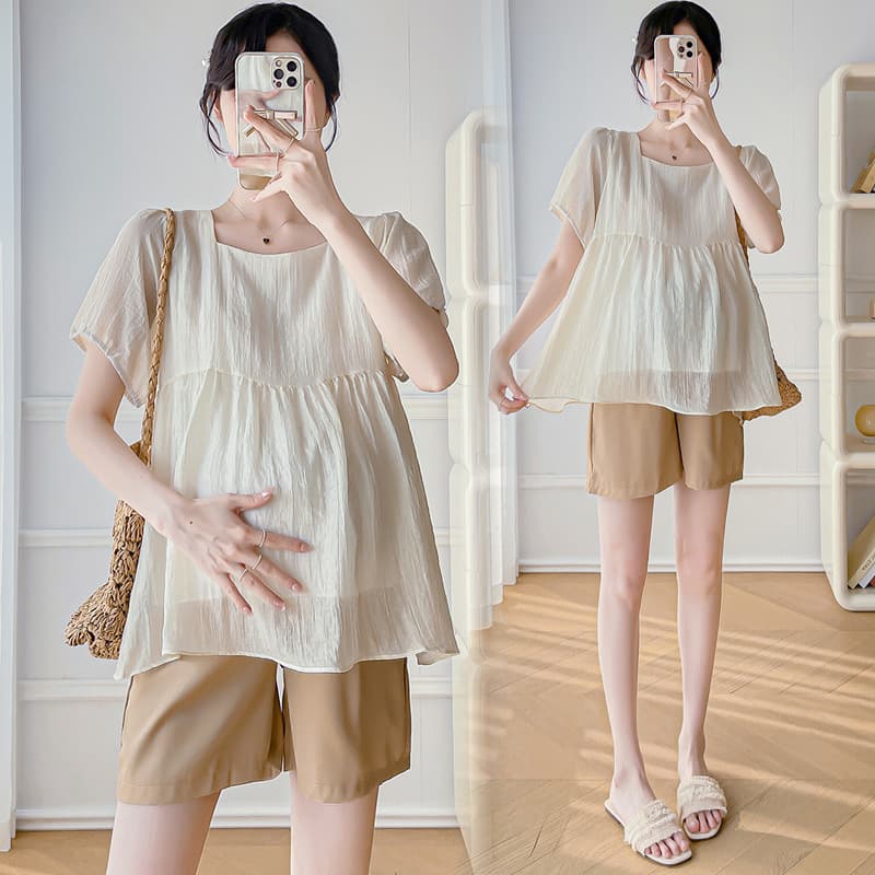 Maternity Summer New Korean Style Two-Piece Set: Doll Top + Belly Support Pants for Pregnant Women to Conceal the Belly