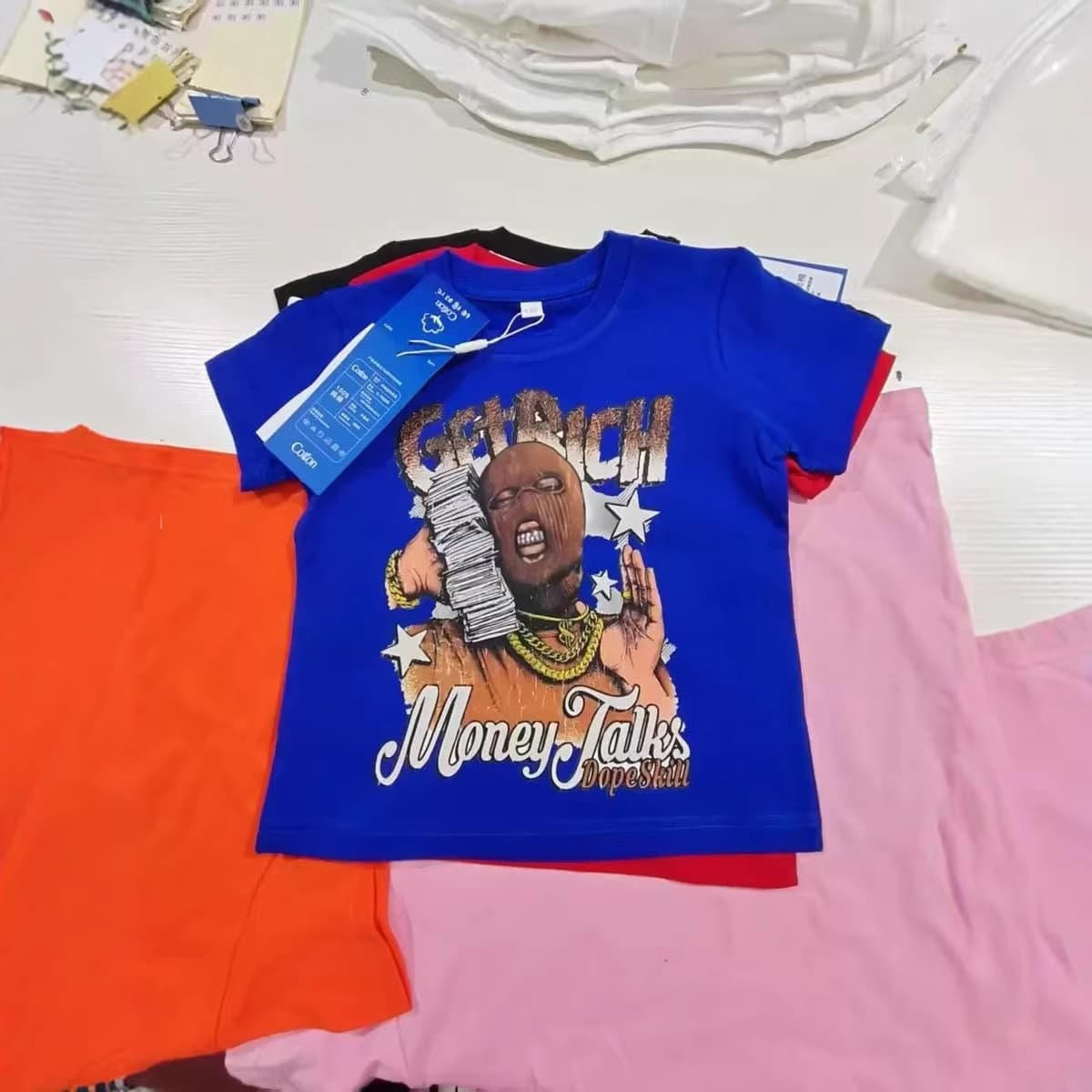 Children's Short Sleeve Oversized Graphic Hip Hop Print T-Shirt, 100% Cotton Class A, 3D Print, Round Neck, for Boys and Girls
