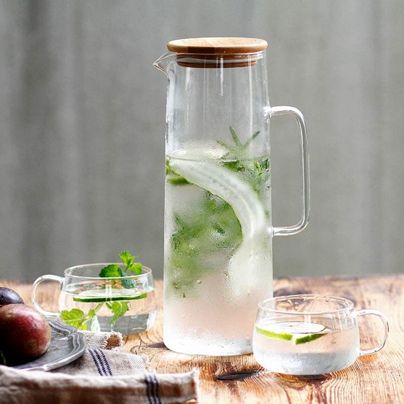 Straight Large Capacity Cold Water Pitcher, Transparent Glass with Bamboo Lid, Juice and Tea Pitcher, Household Refrigerator Cold Water Bottle