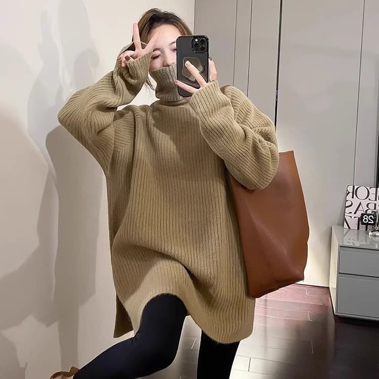 2025 Mid-Length Turtleneck Sweater for Women, Hip-Covering, Chunky Knit, Loose and Relaxed Style, Thick Base Layer for Fall and Winter