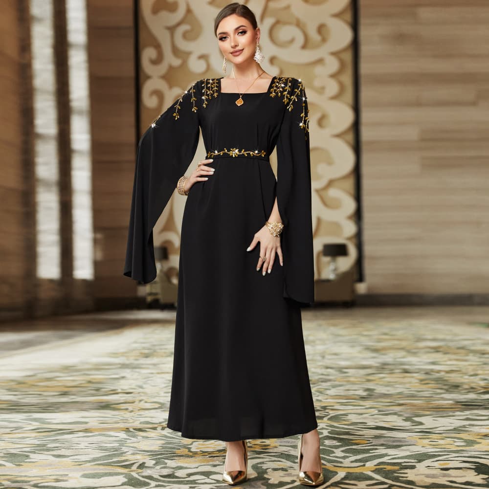 BA3169 Extra Long Sleeve Dress with Rhinestone Shoulder Seams