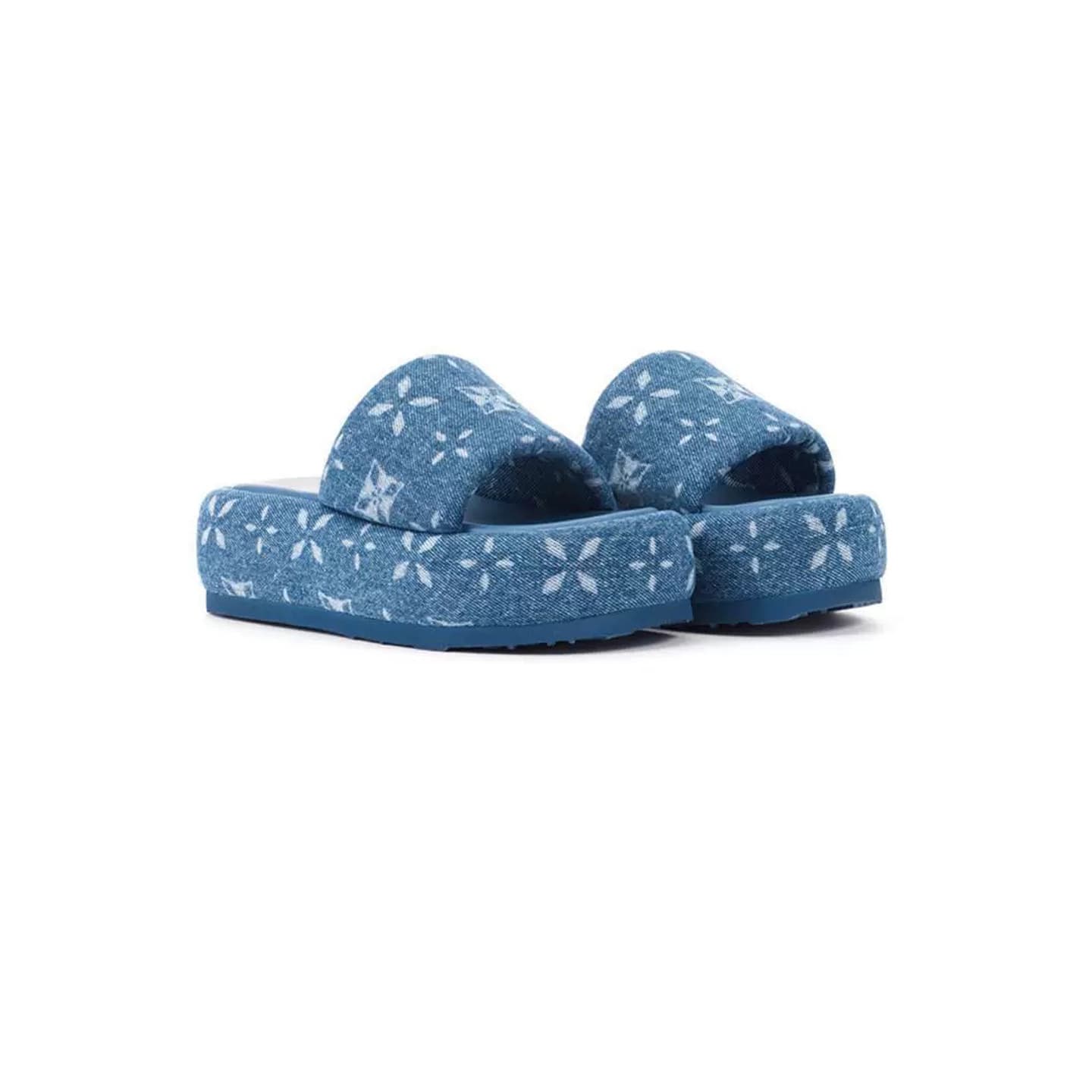 Thick-Soled Platform Slide Sandals with Blue Cross Print, Open-Toe Slippers for Women, Early Autumn New Fashion