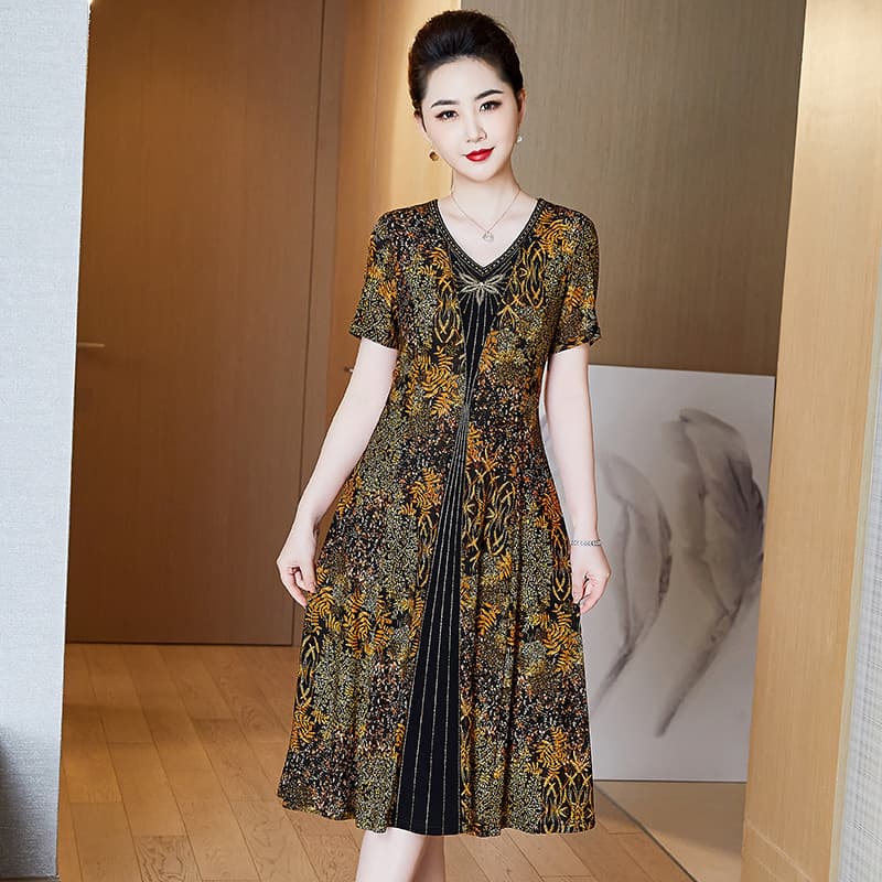 Young Mom Summer Floral Print Short Sleeve Chiffon Dress Elegant Middle-Aged Women's Fashionable Polyester Blend Skirt