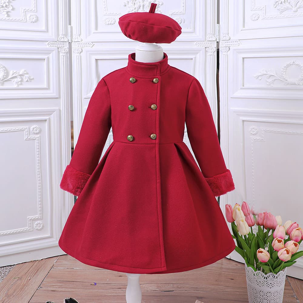 EW Girls' Clothing New Autumn/Winter Stand Collar Double-Breasted Wool Coat with Hat DWT632-C