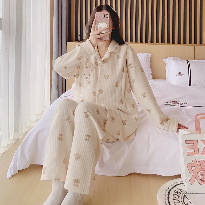Cardigan Wearable New Set Lapel Cartoon Bear Air Cotton Warm Pajamas Pregnant Women Postpartum Nursing Discharge Outfit