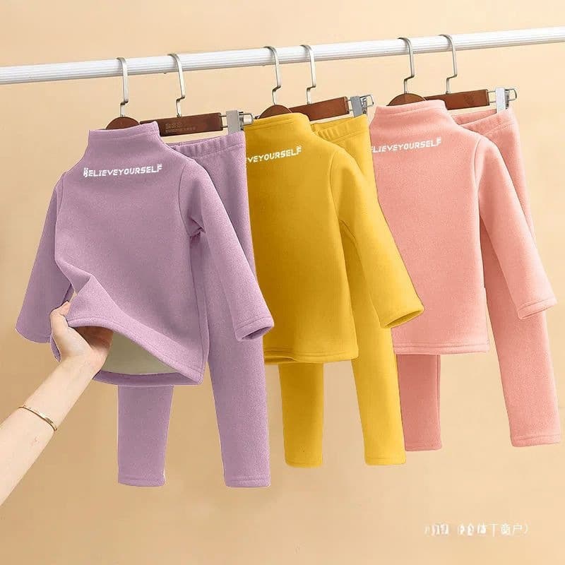 Children's Double-Sided Velvet Thermal Underwear Set, Winter Boys' and Girls' Pajamas, Thickened, Half-High Neck Baby Autumn Clothes and Trousers