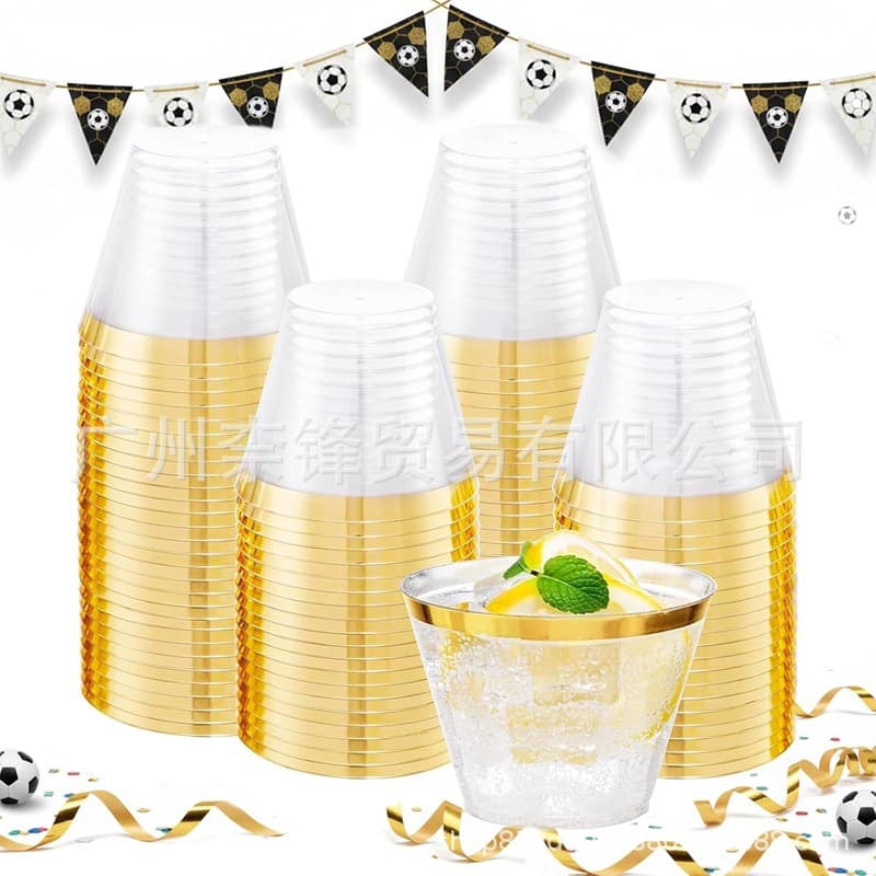 9OZ Disposable Gold Rim Aviation Cups Hard Plastic Cups Tiramisu Cups Ice Cream Cups Cold and Hot Drink Juice Cups