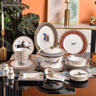 European War Horse Series Fine Ceramic Dinnerware Set, Household Bowl Dish Spoon Plate Tea Set, Complete Western Dinner Set