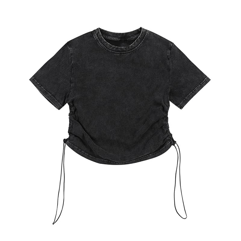 Special offer pure cotton washed distressed short drawstring T-shirt for women summer design navel-baring slim high-waist hot girl trendy top