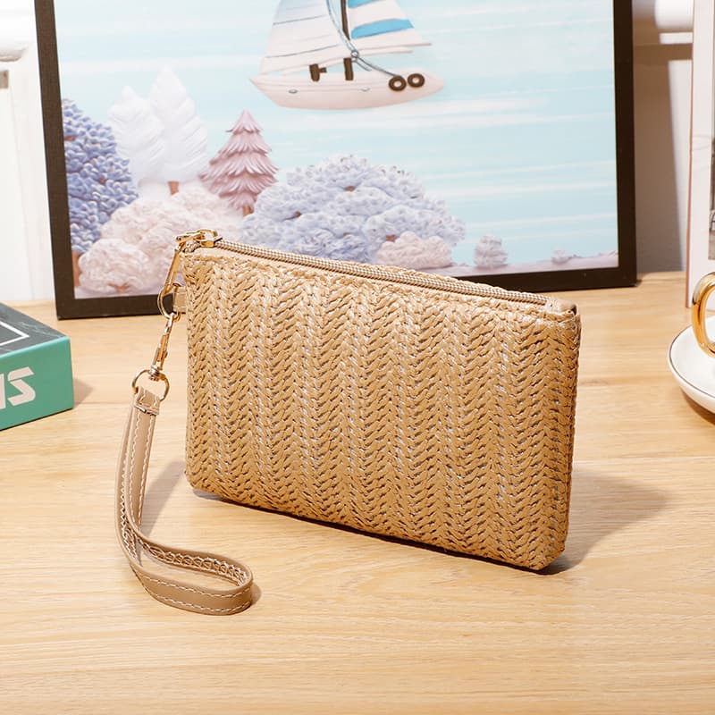 Women's 2023 Medium Length Straw Woven Clutch Phone Purse Mobile Coin Wallet Wholesale Acrylic Material Plain Pattern Daily Use