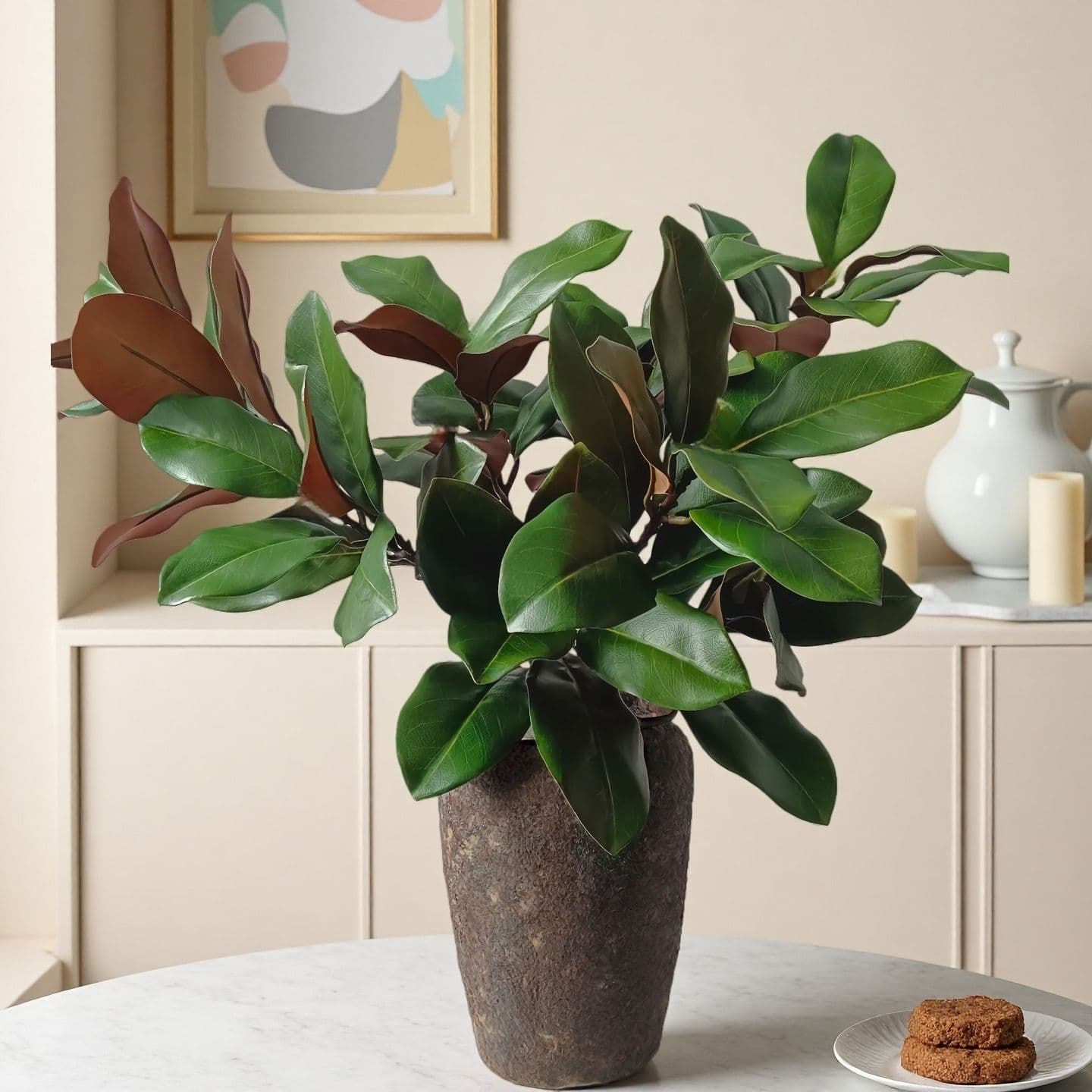 Magnolia Leaf Artificial Branch for Floral Arrangement, Large Leaf Scene Decoration for Hotel Model Room, Green Artificial Plant Magnolia