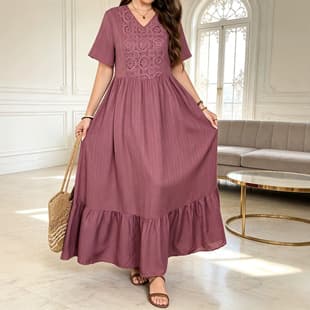 French V-Neck Lace Cutout Short Sleeve Dress Cross-Border Textured Loose Fit Retro Vacation Flowy Maxi Dress