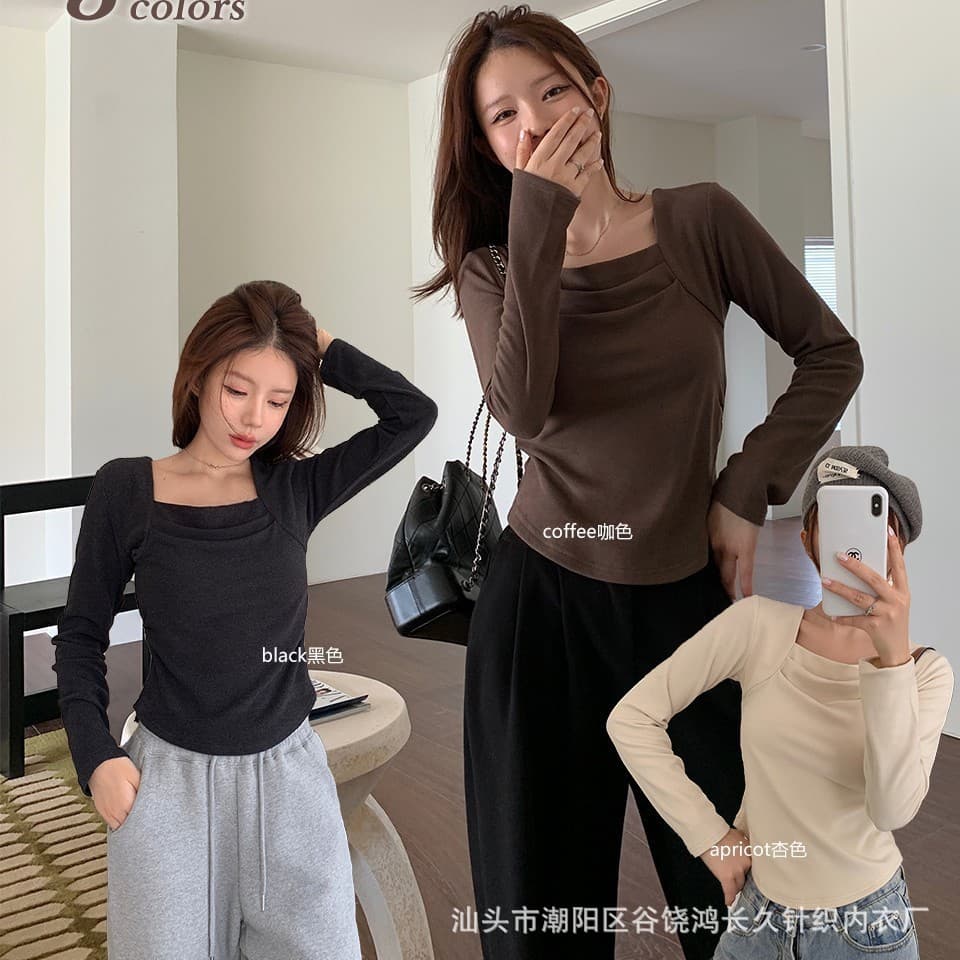 Unique design, square neckline denim fleece base layer top for women, 2023 autumn/winter, short-sleeved t-shirt, sexy and slim fit.