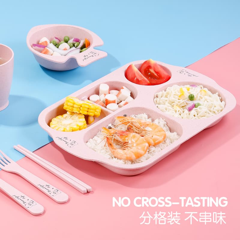 Supply E-commerce Wheat Straw Fast Tableware Set, Children's Meal Divided Plate with Fork, Chopsticks, Spoon, Children's Cartoon
