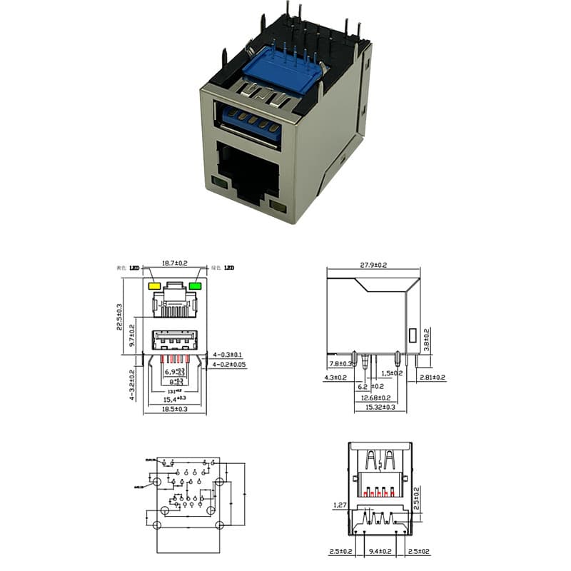RJ45 Network Socket with Single-layer USB 3.0 Two-in-One Connector Jack for Wired Gigabit High-Speed Transmission