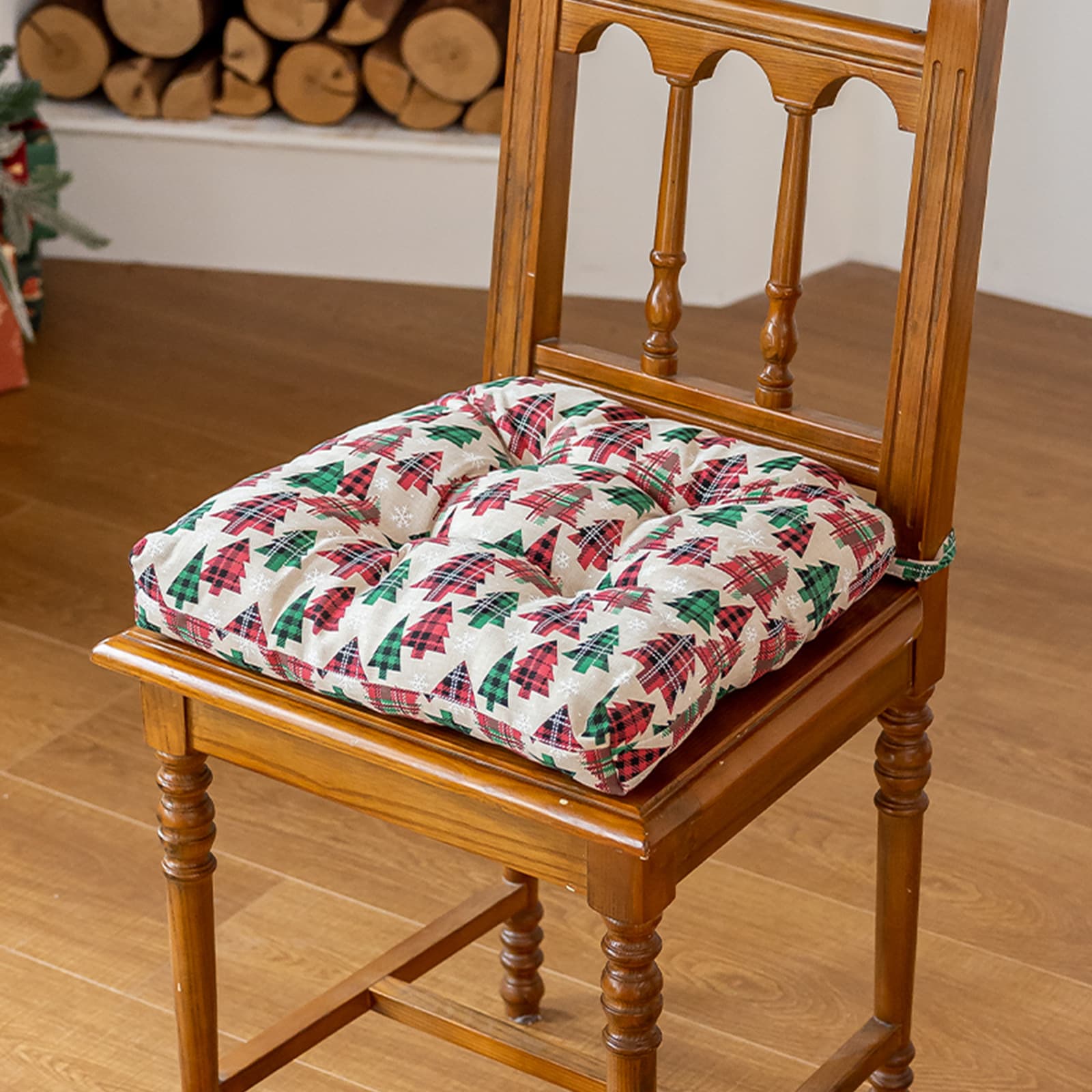 Cross-border Hot-selling Christmas Chair Cushion Plaid Thickened Non-slip Strap Dining Chair Pad Christmas Home Festive Atmosphere Cushion
