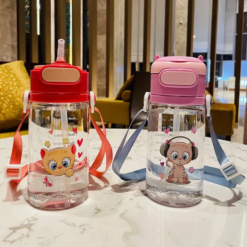 New dual-purpose straw cup for primary school students, cartoon drop-resistant plastic water bottle, pop-up lid, scale, children's kettle