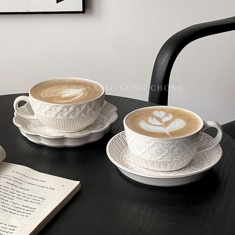 French embossed coffee cup and saucer set, high-looking ceramic cup, retro mug, latte cup, afternoon tea cup