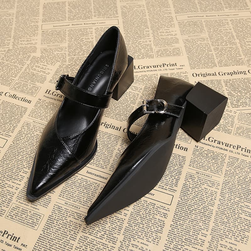 1665-1 Huidong County Daling Shoe Mary Jane Women's Chunky Heel High Heels Spring Style Pointed Toe Leather Shoes