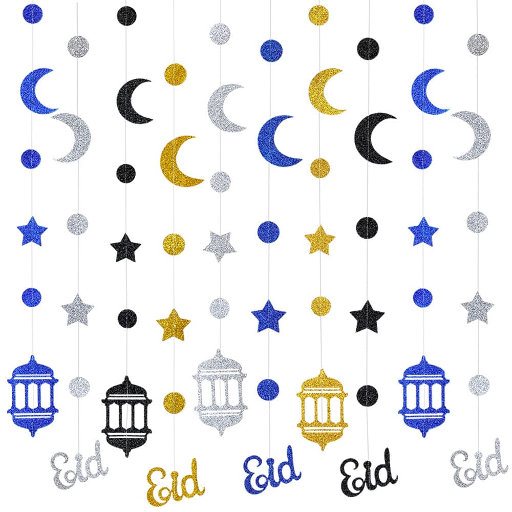 2.5m Castle Five-Pointed Star Moon Pull-String Banner Hanging Decoration with Sewn Round Sequins for Middle Eastern Holiday Party Supplies