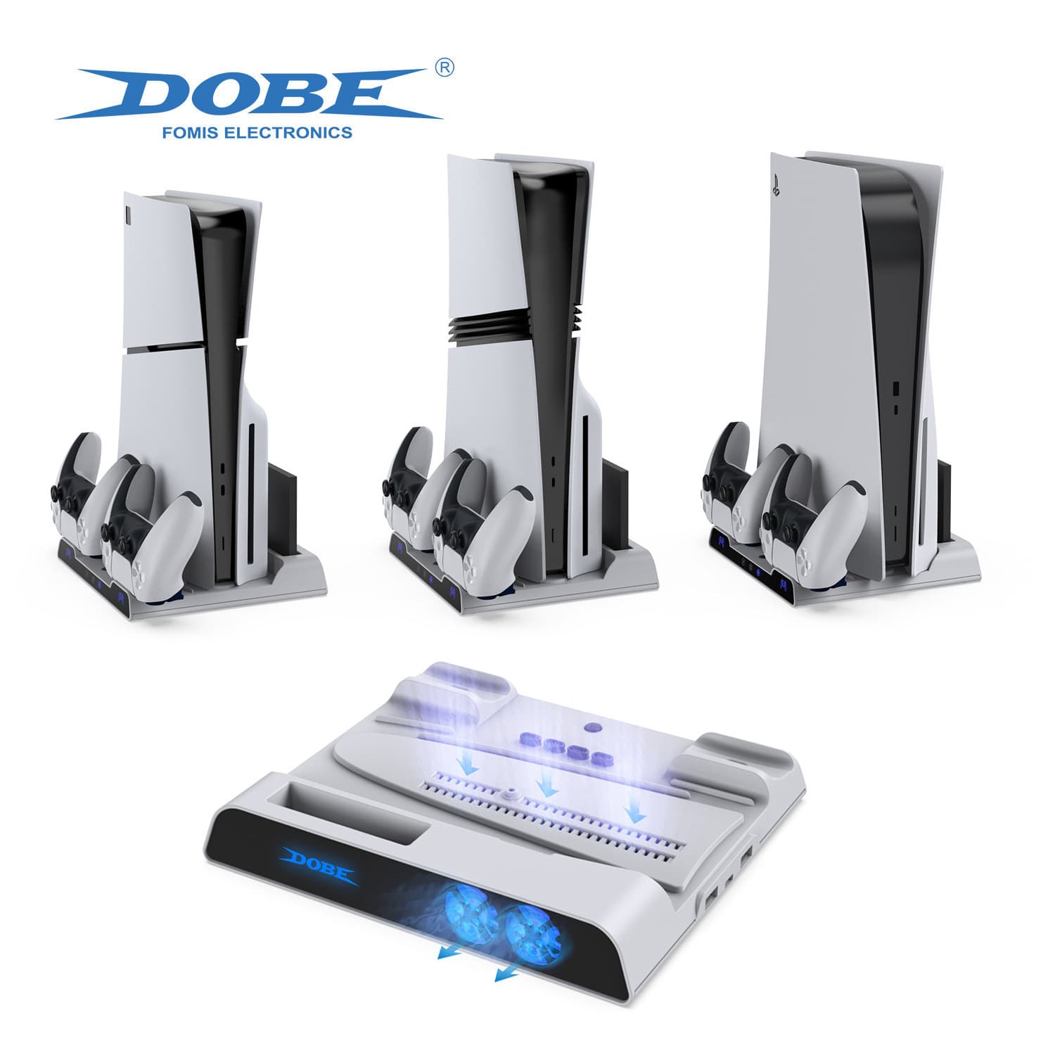PS5/Slim/Pro Universal Multifunctional Fan Base with PS5 Controller Charging Stand and Mobile Hard Drive Storage Rack