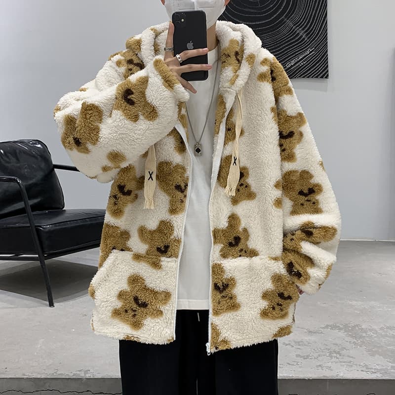 American Street Style Bear Animal Hooded Zip-Up Jacket for Men, Winter Fuzzy Thick Warm Comfortable Cardigan Coat