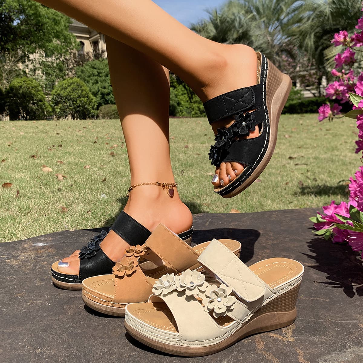 2025 Flower Open-Toe Velcro Cross-Border Plus Size Wedge Sandals Summer European and American Hollow Out Slippers for Women