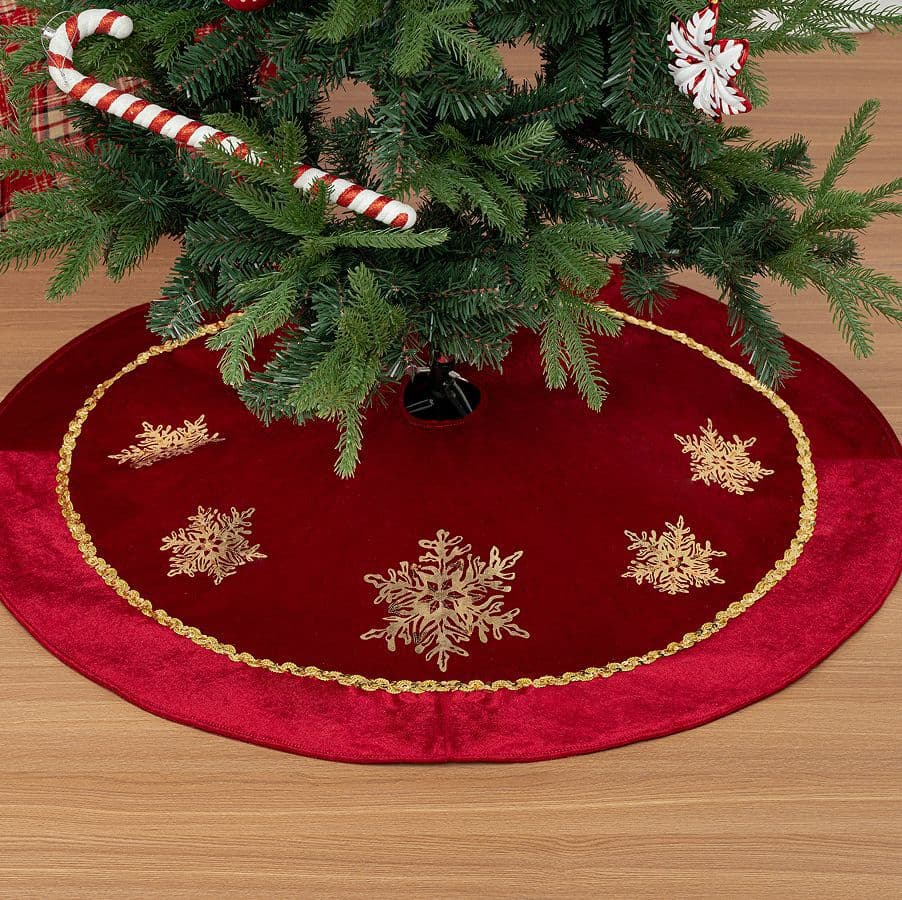Christmas Gold Snowflake Sequin Velvet Tree Skirt Red Tree Skirt Decoration