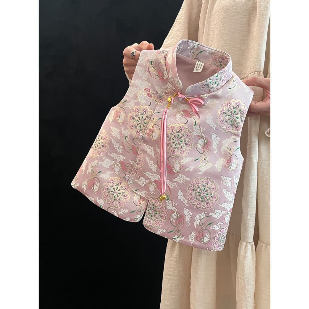 Girls' 2025 new spring/autumn new Chinese-style Hanfu Tang suit vest small-medium kids Chinese-style jacquard cheongsam waistcoat