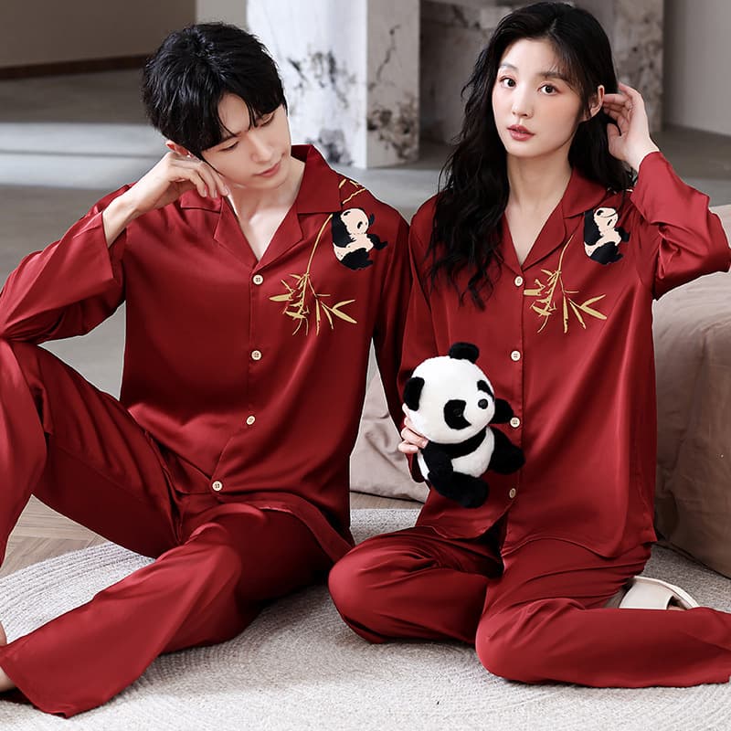 Couple Pajamas Women's Long Sleeve Spring and Autumn Ice Silk Cardigan, Men's and Women's Homewear, Bright Red Festive Wearable Outside Couple Pajamas