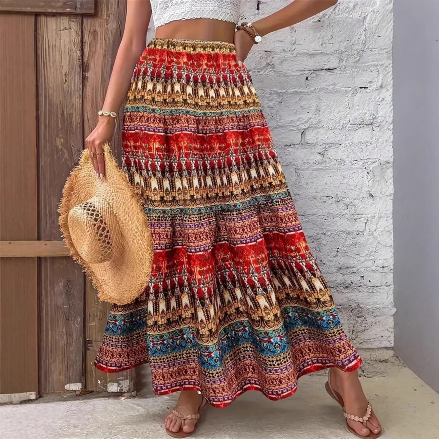 Amazon Vacation All-Over Print High-Waist Skirt Bohemian Ruffle Hem Casual Long Skirt
