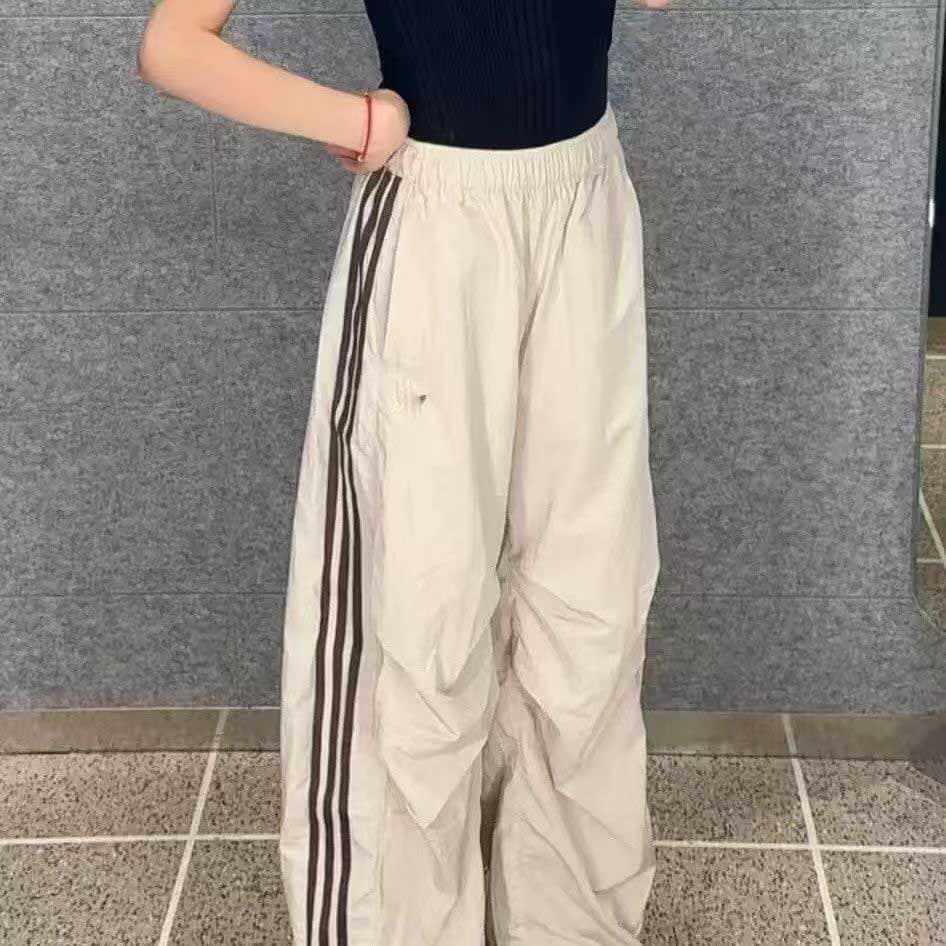 Summer embroidered quick-drying pants for men and women, versatile striped breathable wide-leg pants, straight-leg casual pants, loose and light