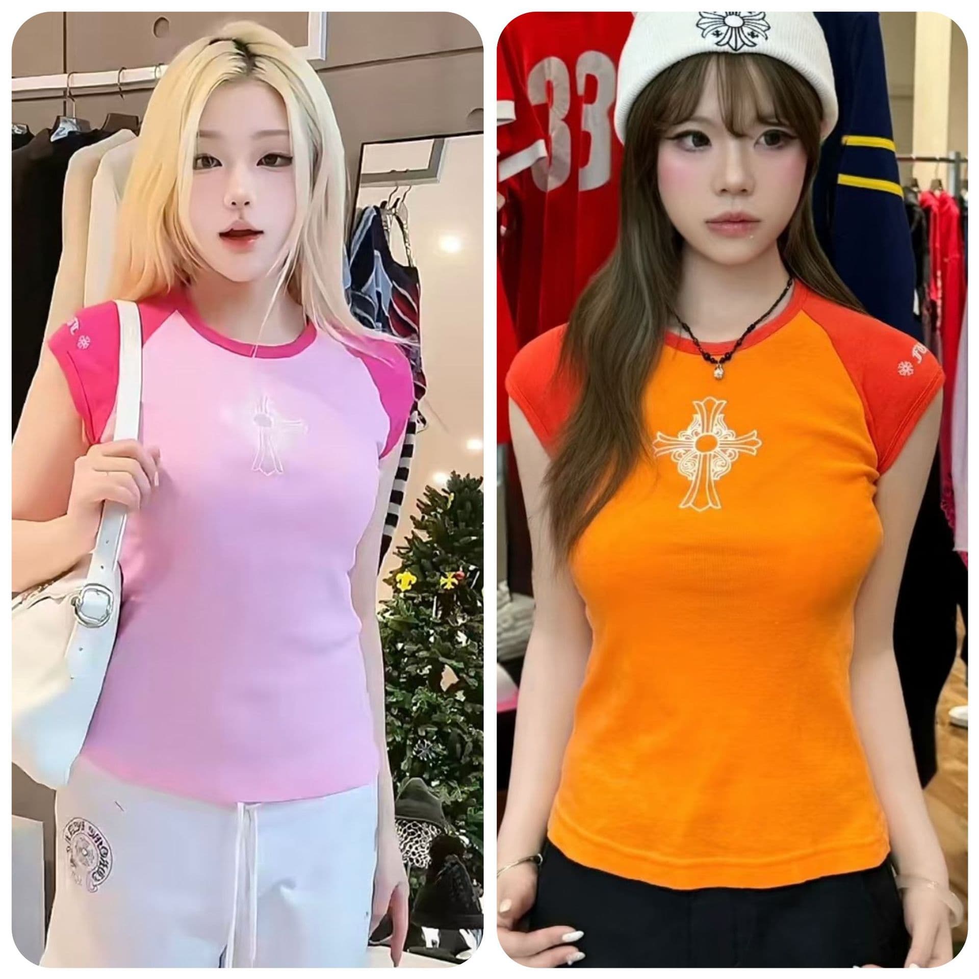 In stock authentic version, new summer CH Croxx orange color-block cross short fitted short-sleeve T-shirt for women