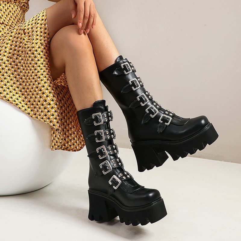 Women's High Heel Motorcycle Boots, New Autumn/Winter Exported Style, Thick Sole Short Boots, Punk Style Mid-Calf Boots