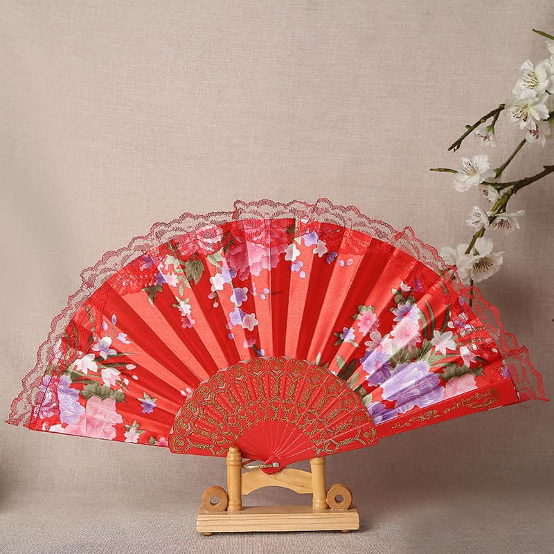 Chinese Style Fans, Silk Cloth with Lace Edging, Women's Printed Elegant Dance Fans, Gold-edged Handles with Lace Folding Fans