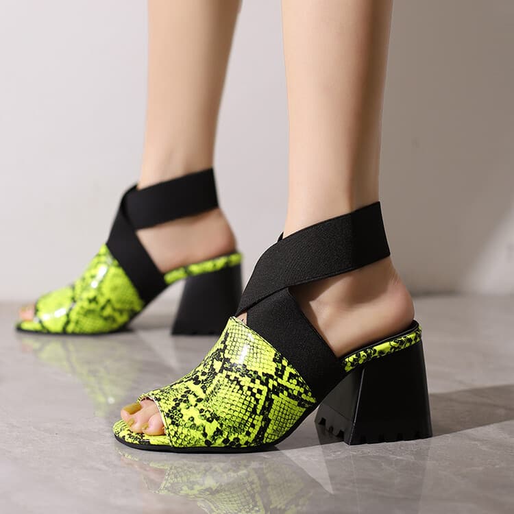 Wish Amazon Source Chunky Heel Open Toe Sandals for Women, Export Small Size 32-48, Snake Print Mid Heel Backless Women's Shoes