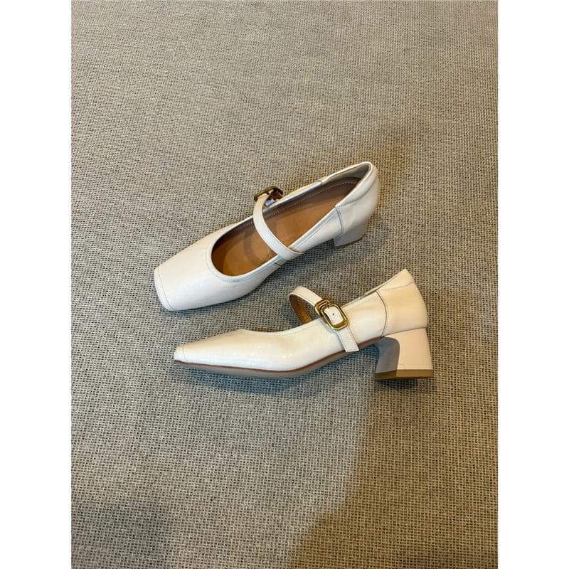 Sheepskin Version ~ French Square Toe Chunky Heel Mary Jane Shoes with One-Strap Buckle, High Heel Elegant Shallow Mouth Single Shoes for Women